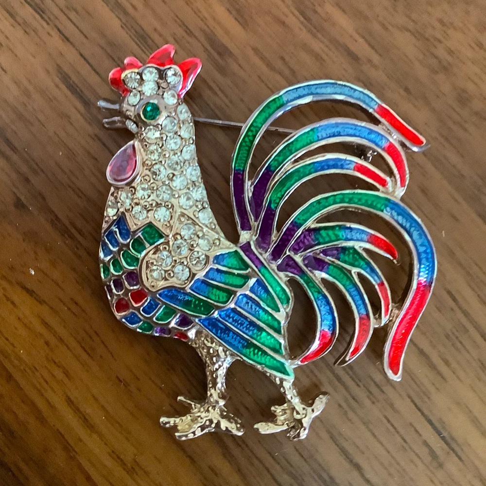 Vintage rhinestone rooster figurine brooch